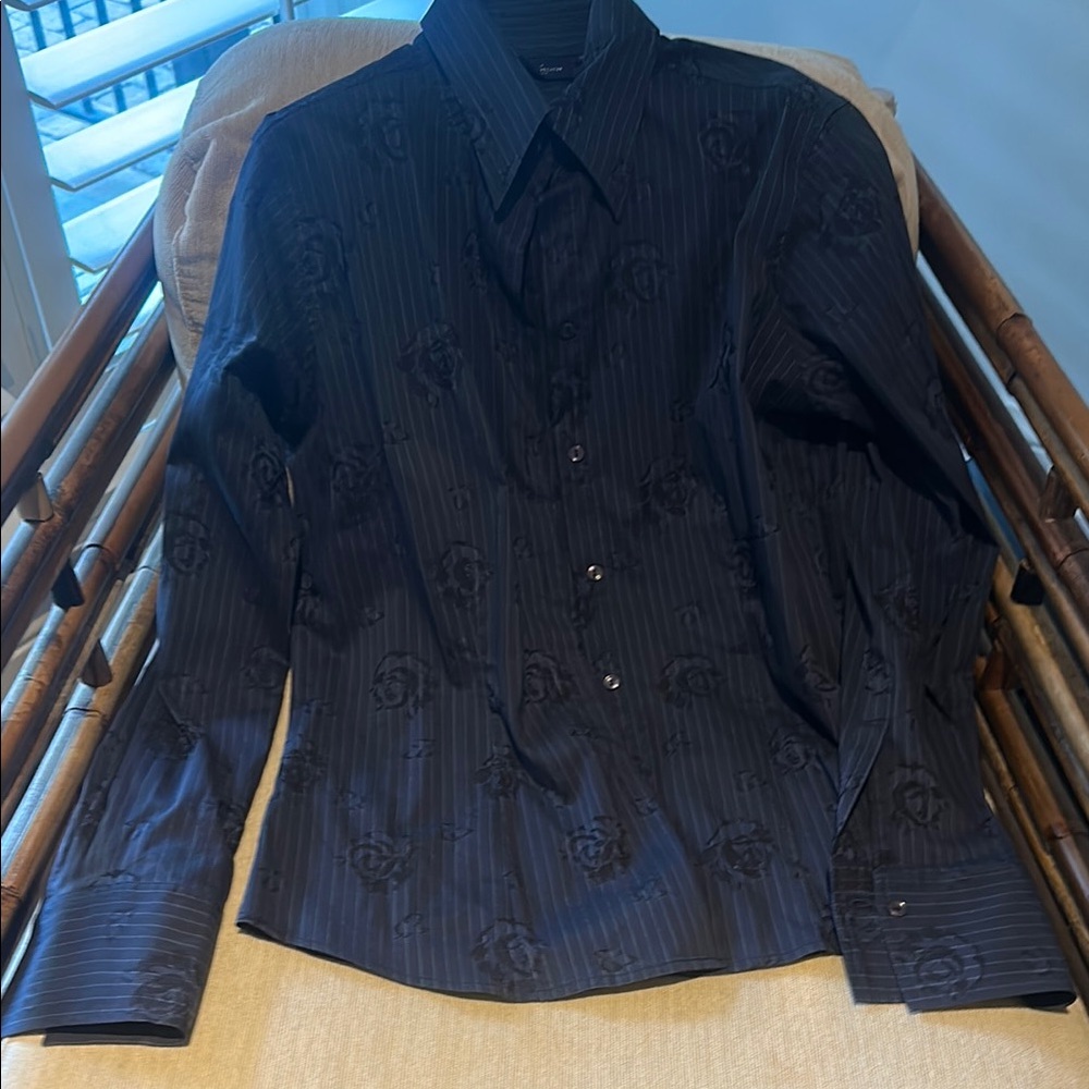 Black Button-Up Shirt with stripes and faint floral design.